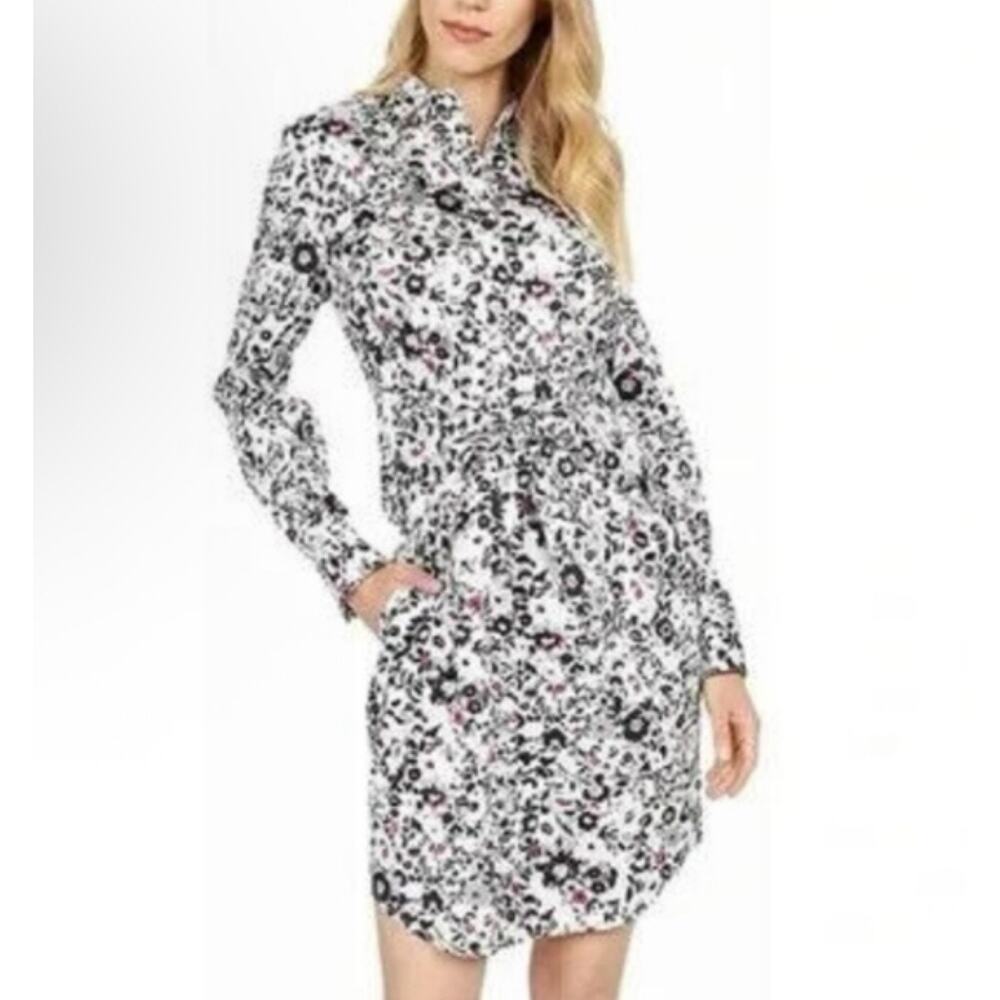 UNTUCKit Simone Tie Waist White Pink Green Floral Buttoned Stretch Shirt Dress 6